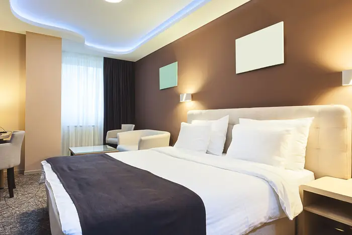 A hotel room whose furniture and fittings are refreshed on a cycle.