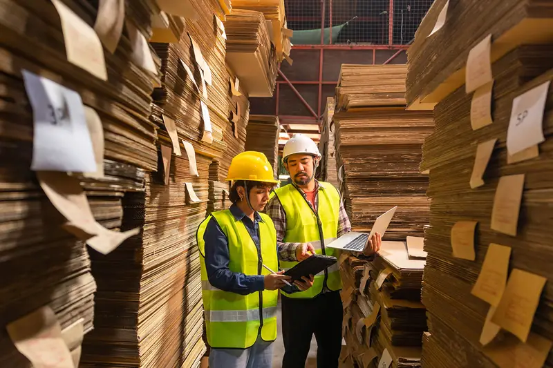 Two managers checking stock against an order between stacks of cardboard in a packaging warehouse.